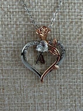 Two-Tone Rose Floral Heart Initial "A" Pendant Necklace